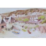 V. LEE (20th century). A fishing village with beached vessels. Signed lower left, oil on paper: 9” x