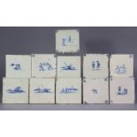 Eleven various 18th century Dutch Delft pottery tiles decorated with a range of monochrome figure,