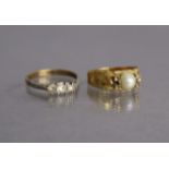 A yellow metal ring set cultured pearl, size N, 2.2g; & a 9ct gold ring set three small white