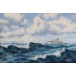 CHRIS WOODHOUSE (contemporary). The Naval destroyer H. M. S. Aine (022) in rough seas. Signed