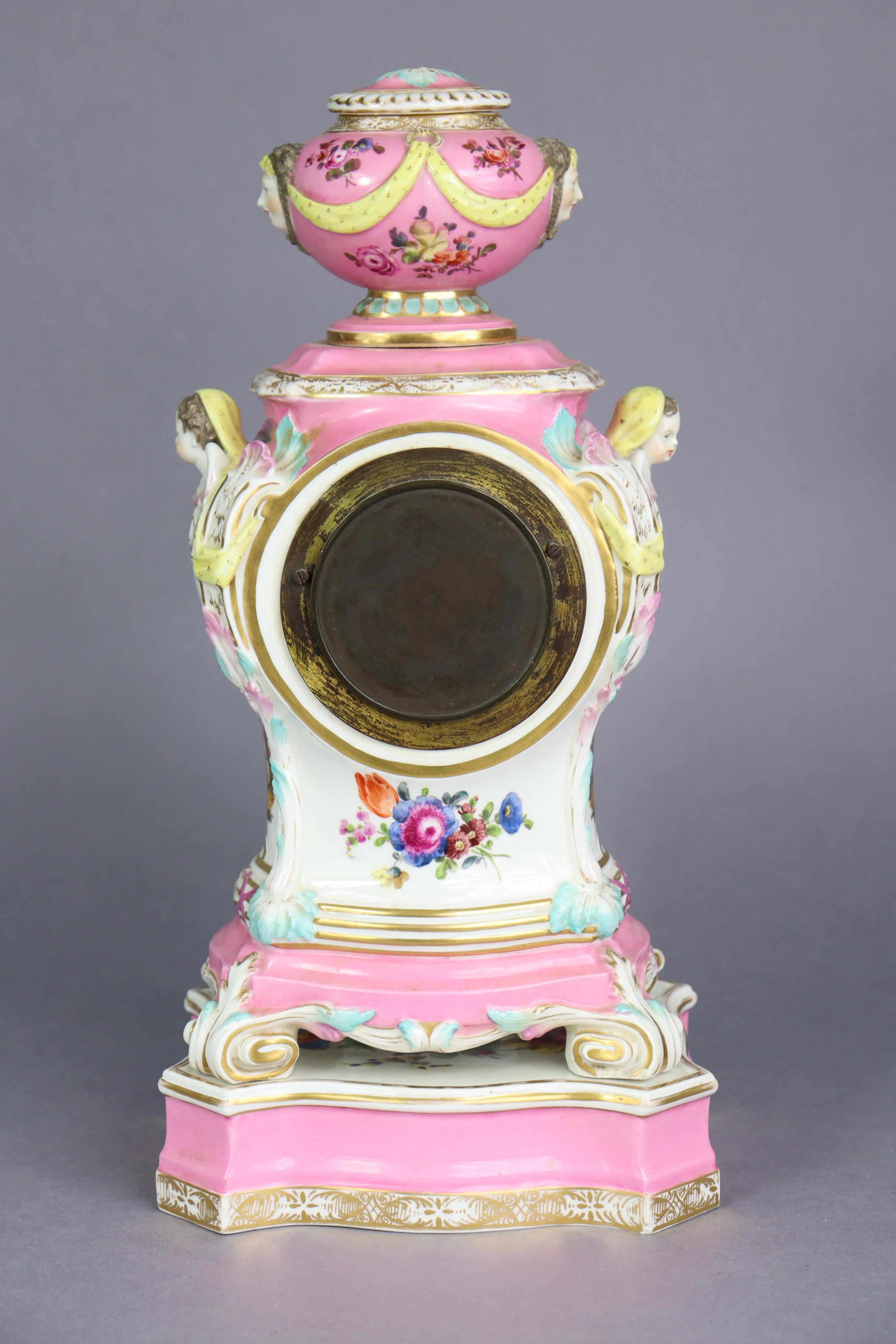 A 19th century Berlin porcelain mantel clock in pink-ground baluster form case, with urn finial & - Image 5 of 10