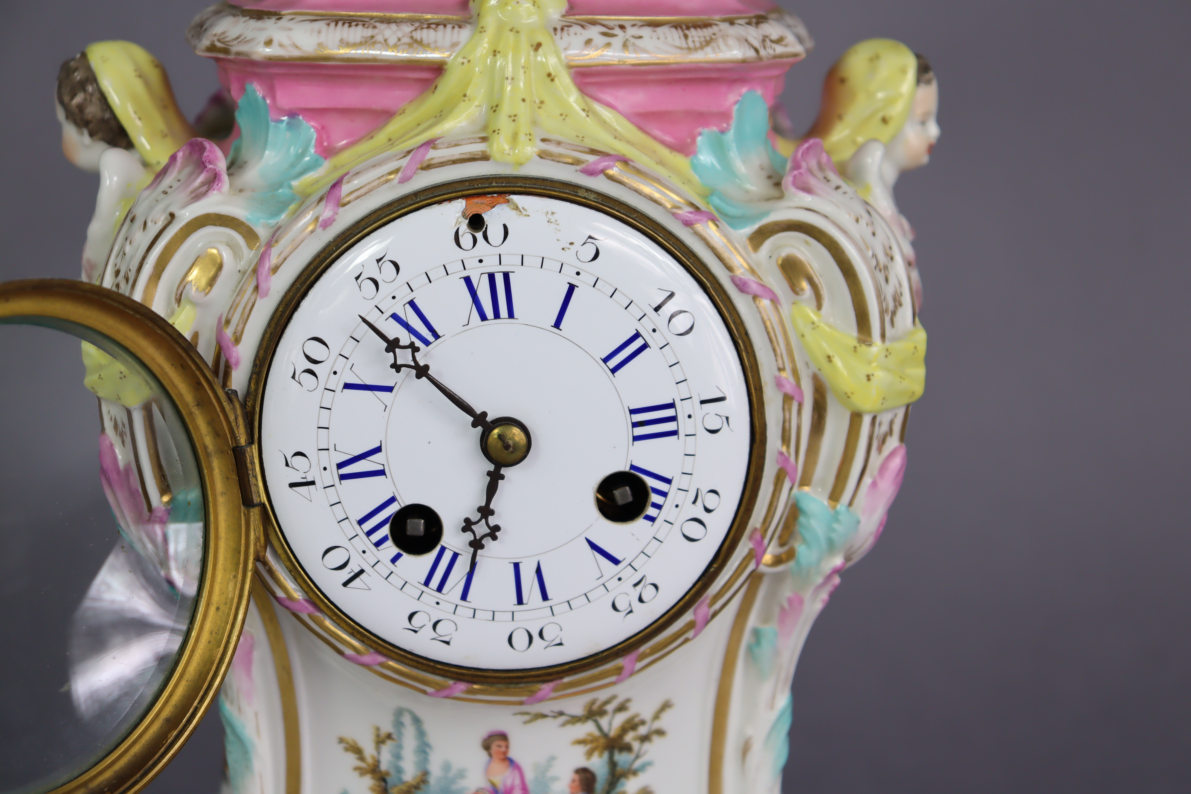 A 19th century Berlin porcelain mantel clock in pink-ground baluster form case, with urn finial & - Image 2 of 10