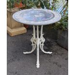 An antique Coalbrookdale-type cast iron table base, painted white, with foliate scroll decoration on