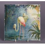 A Minton Hollins & Co. square pottery tile decorated with two flamingos in a tropical river