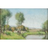 ANDRE des FONTAINS (1869-1910). A rural landscape with a shepherd & his flock passing a pond. Signed