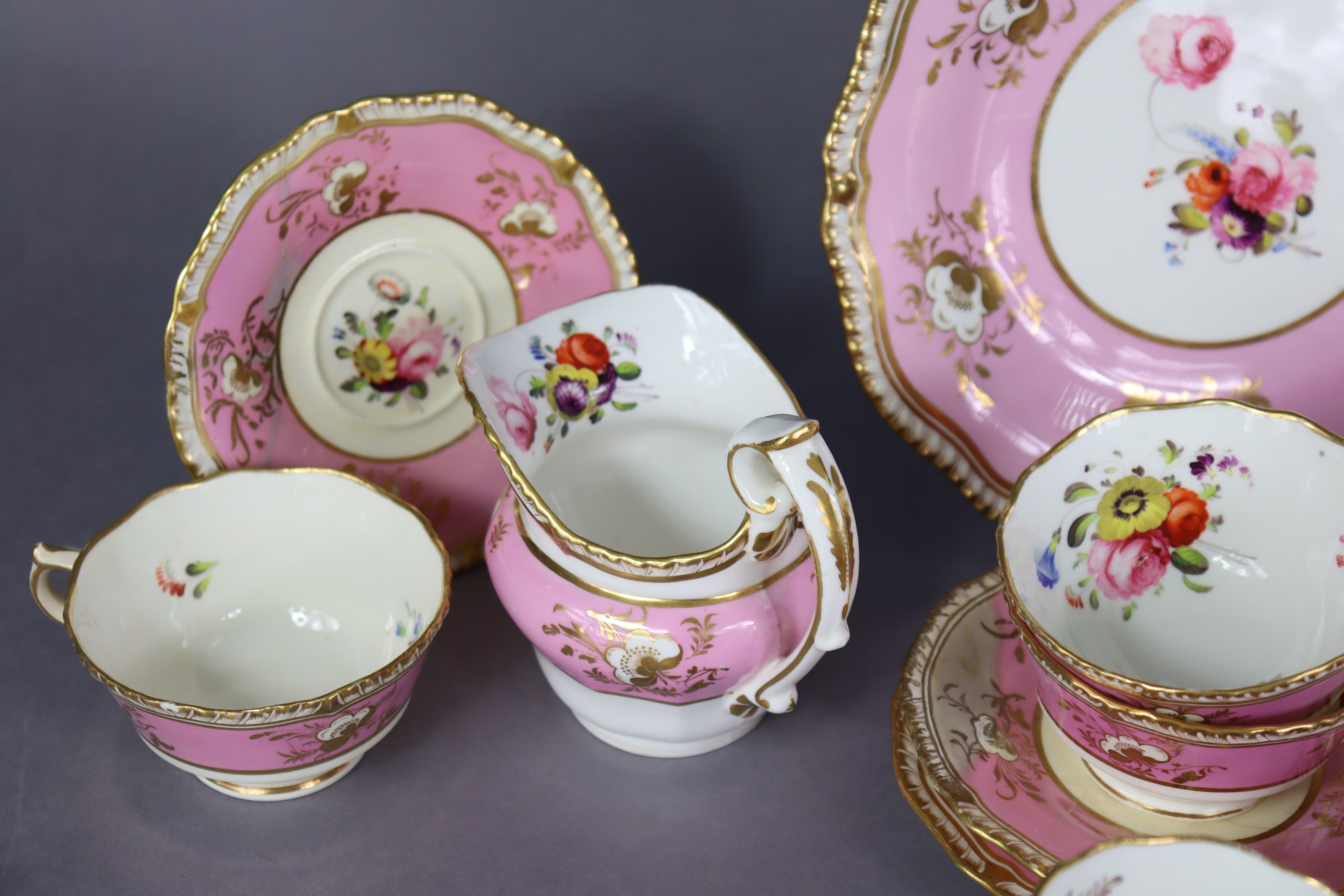 A 19th century English porcelain part tea & coffee service of pink ground with gilt banding & floral - Image 5 of 15