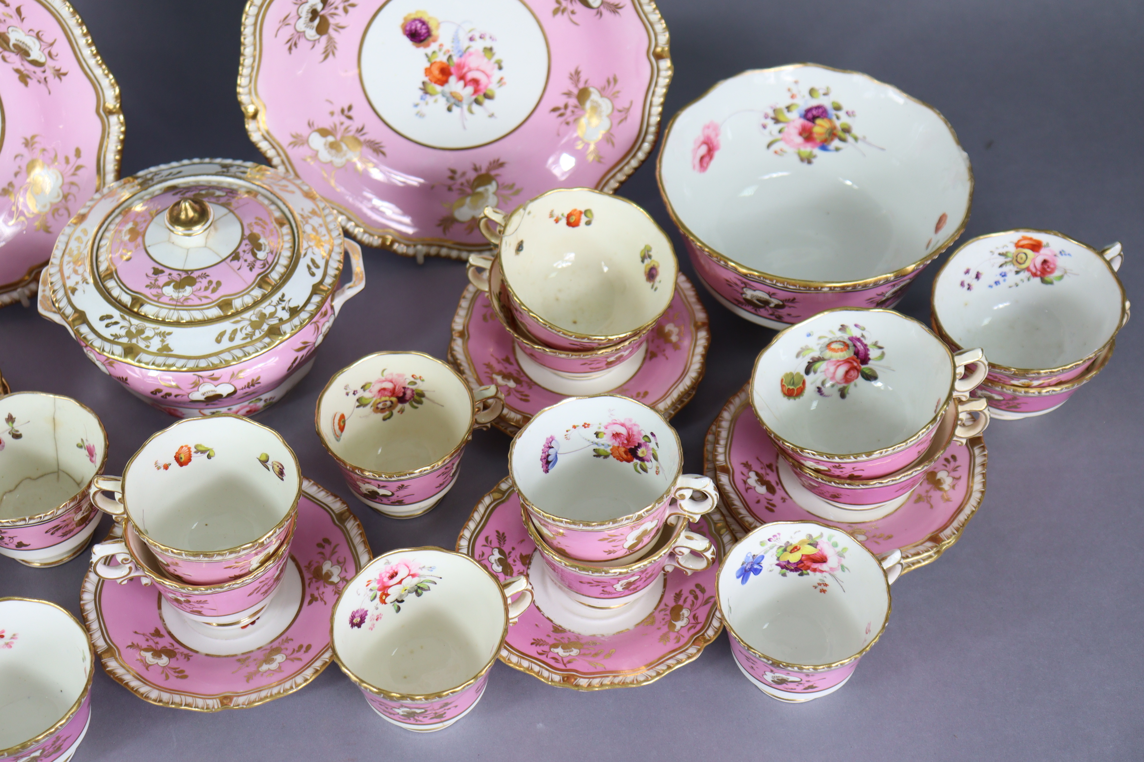 A 19th century English porcelain part tea & coffee service of pink ground with gilt banding & floral - Image 7 of 15