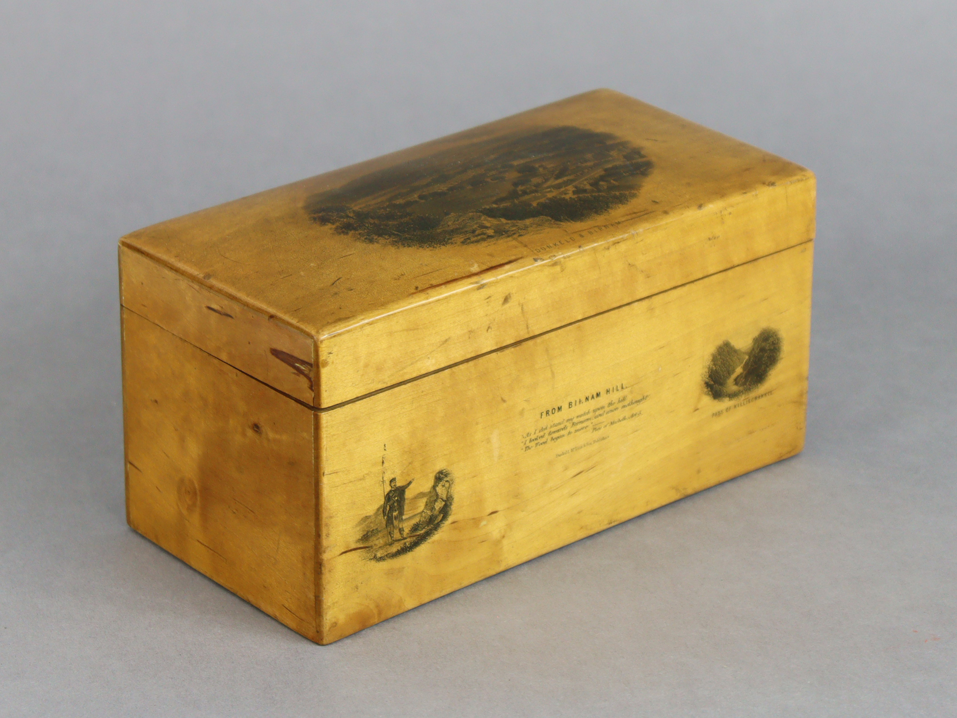 A Victorian Mauchline ware satinwood rectangular box with printed view of “Dunkeld & Birnam” to