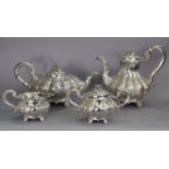 AN ELIZABETH II SILVER FOUR-PIECE TEA & COFFEE SERVICE IN THE EARLY VICTORIAN STYLE, of squat