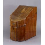 A George III inlaid mahogany knife box with marquetry shell to the sloping hinged lid, enclosing