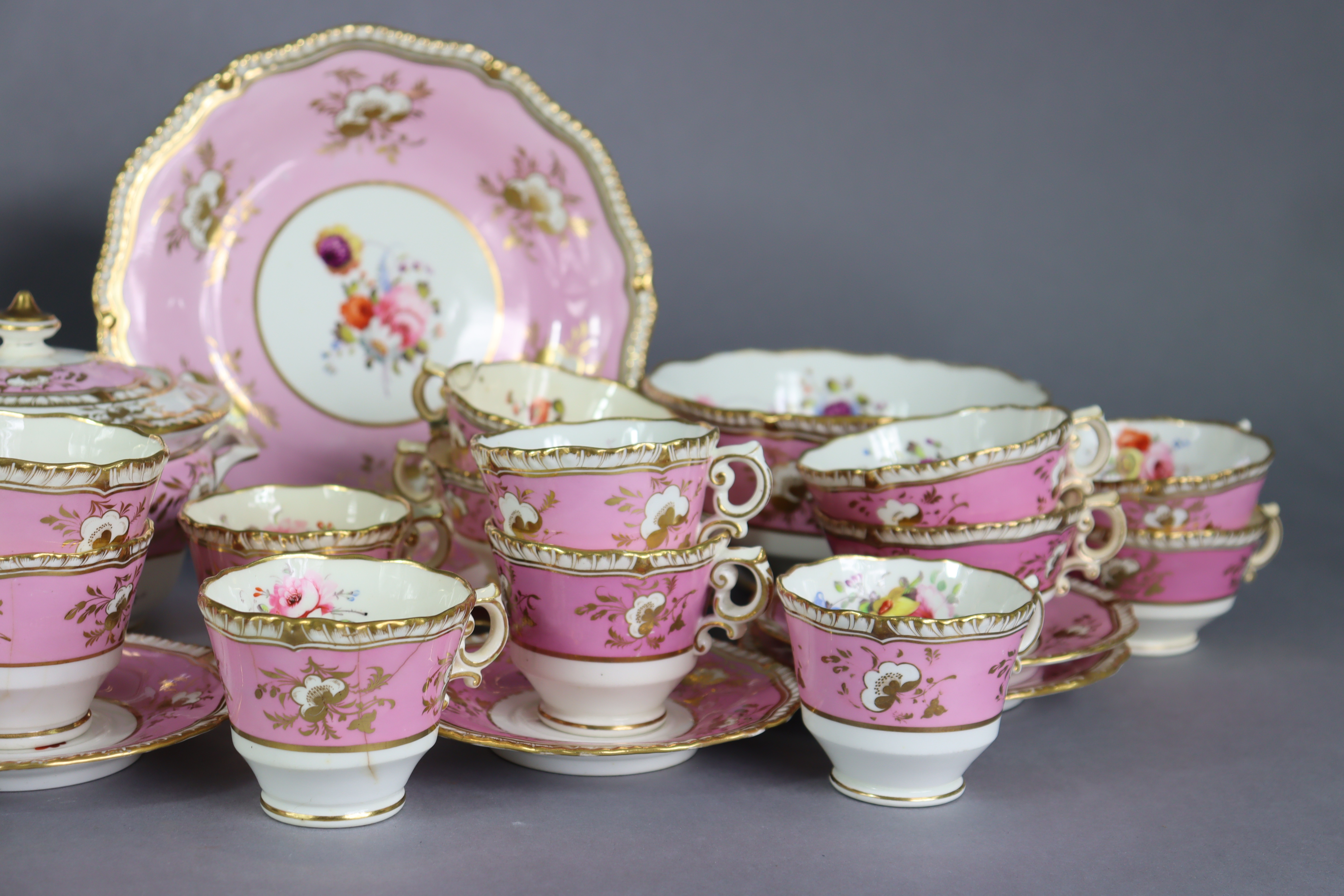 A 19th century English porcelain part tea & coffee service of pink ground with gilt banding & floral - Image 3 of 15