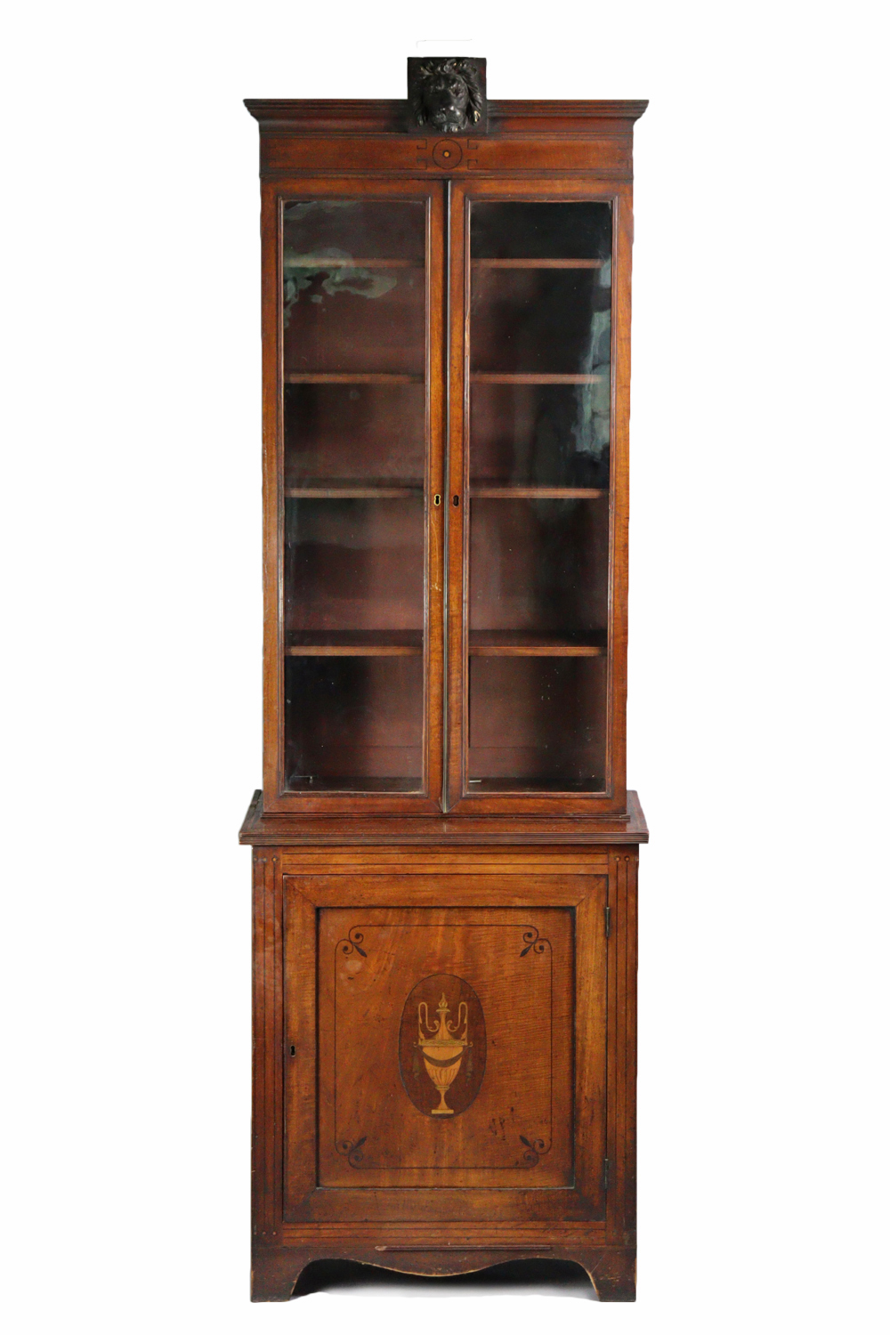 A REGENCY INLAID MAHOGANY TALL NARROW STANDING BOOKCASE, the moulded cornice with caved & ebonised l