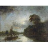 Manner of JOHN CROME (1768-1821). A river landscape with windmill & figures. Oil on panel: 8” x