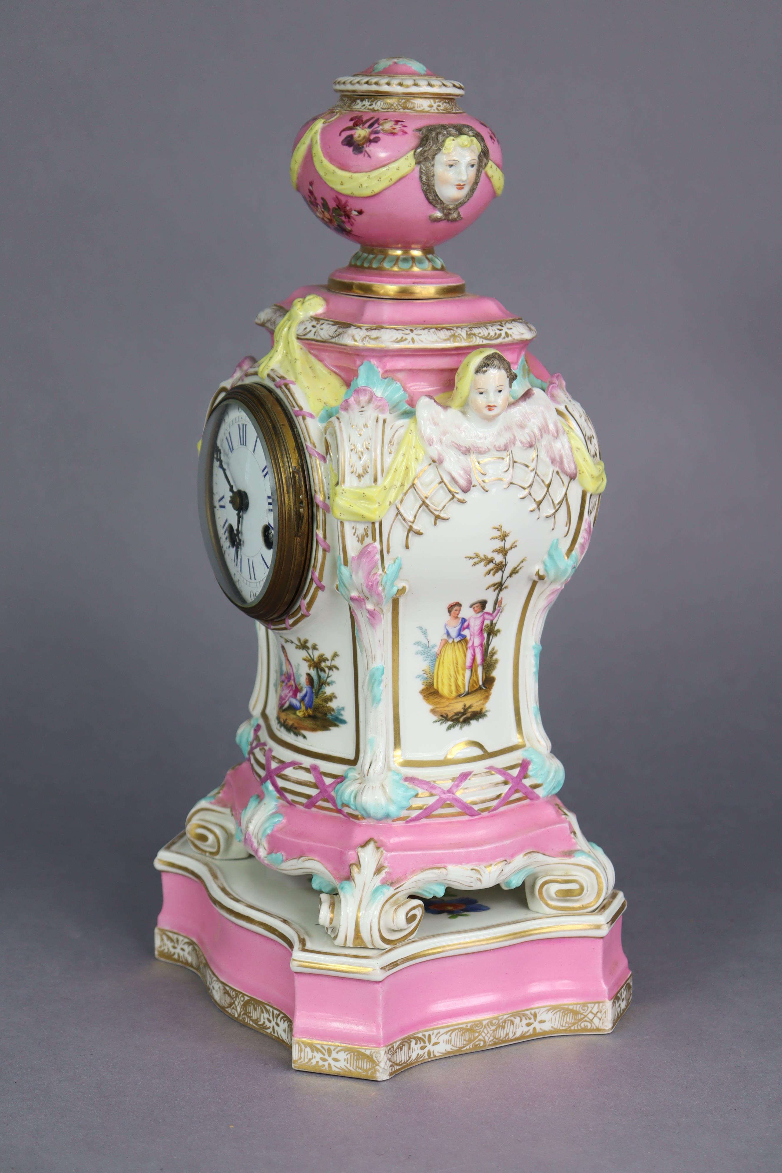 A 19th century Berlin porcelain mantel clock in pink-ground baluster form case, with urn finial & - Image 4 of 10