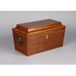 A George III inlaid partridge wood tea caddy of sarcophagus form with brass lion-mask & ring side