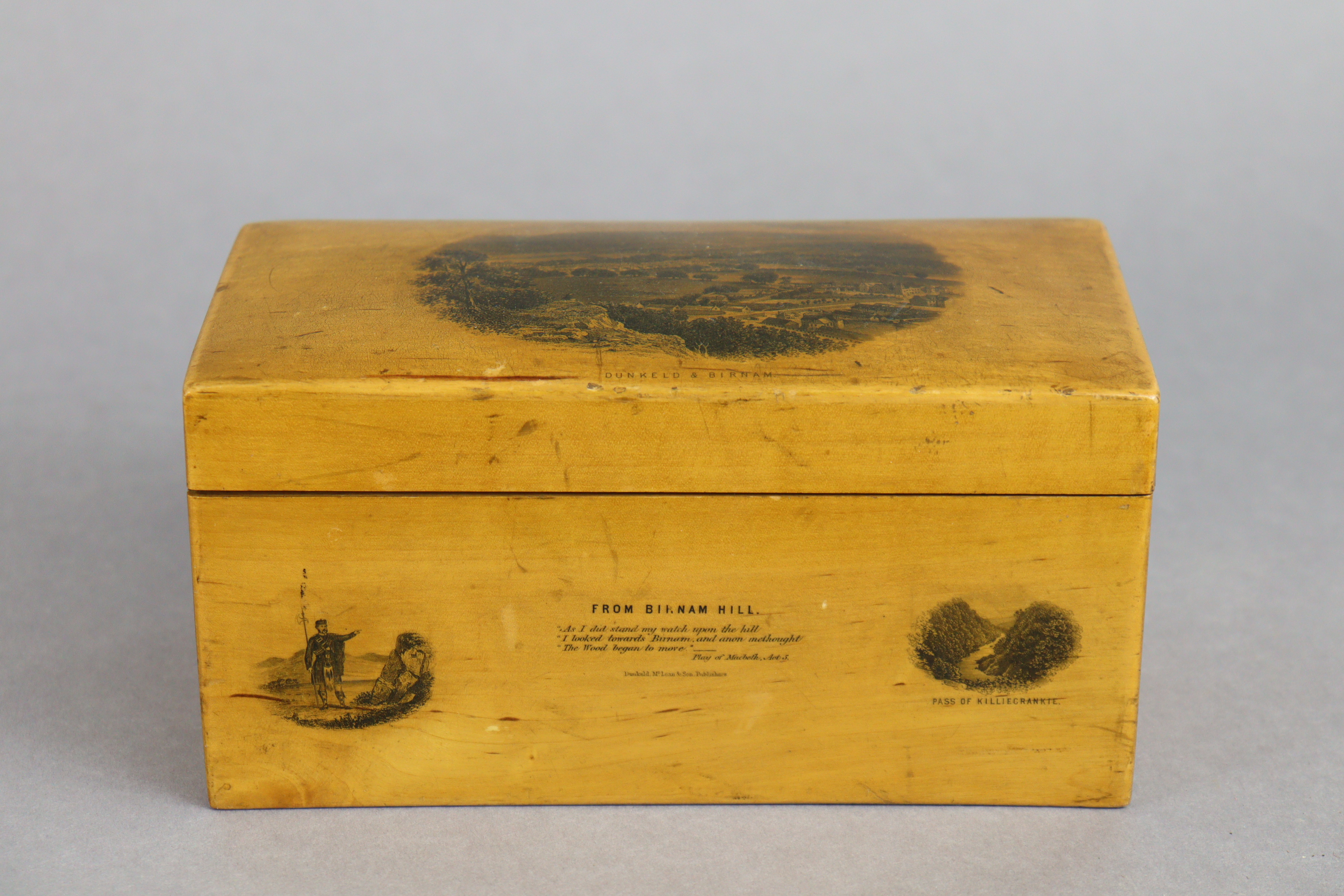 A Victorian Mauchline ware satinwood rectangular box with printed view of “Dunkeld & Birnam” to - Image 2 of 5