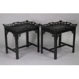 A pair of Chippendale-style painted rectangular occasional tables with pierced galleries, carved &