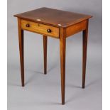 A small mahogany side table fitted frieze drawer, & on square tapered legs, 22¼” wide x 28” high x