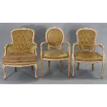 Three continental-style elbow chairs each upholstered fawn velour.