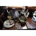 A brass preserve pan; a brass oil lamp; an engraved silver plated tray, etc.