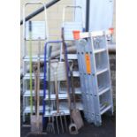 A Krause universal aluminium ladder; together with a step ladder; & various garden tools.