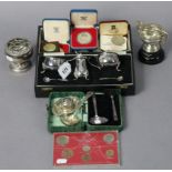 A silver plated three-piece condiment set, cased; together with various other items of platedware;