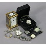 A brass cased carriage clock, 4½" high; together with five various wristwatches; & a pocketwatch.