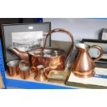 A copper oval watering can; together with various other items of metalware; & nine various prints.