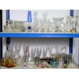 Two cut-glass decanters; ten glass paperweights; & various other items of glassware.