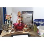 Two Goebel Hummel figures; a Cranberry glass bowl; a glass yacht decanter; & sundry other items.