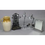 A pair of modern anglepoise-type desk lamps, a similar dressing table mirror, a large stoneware jug,