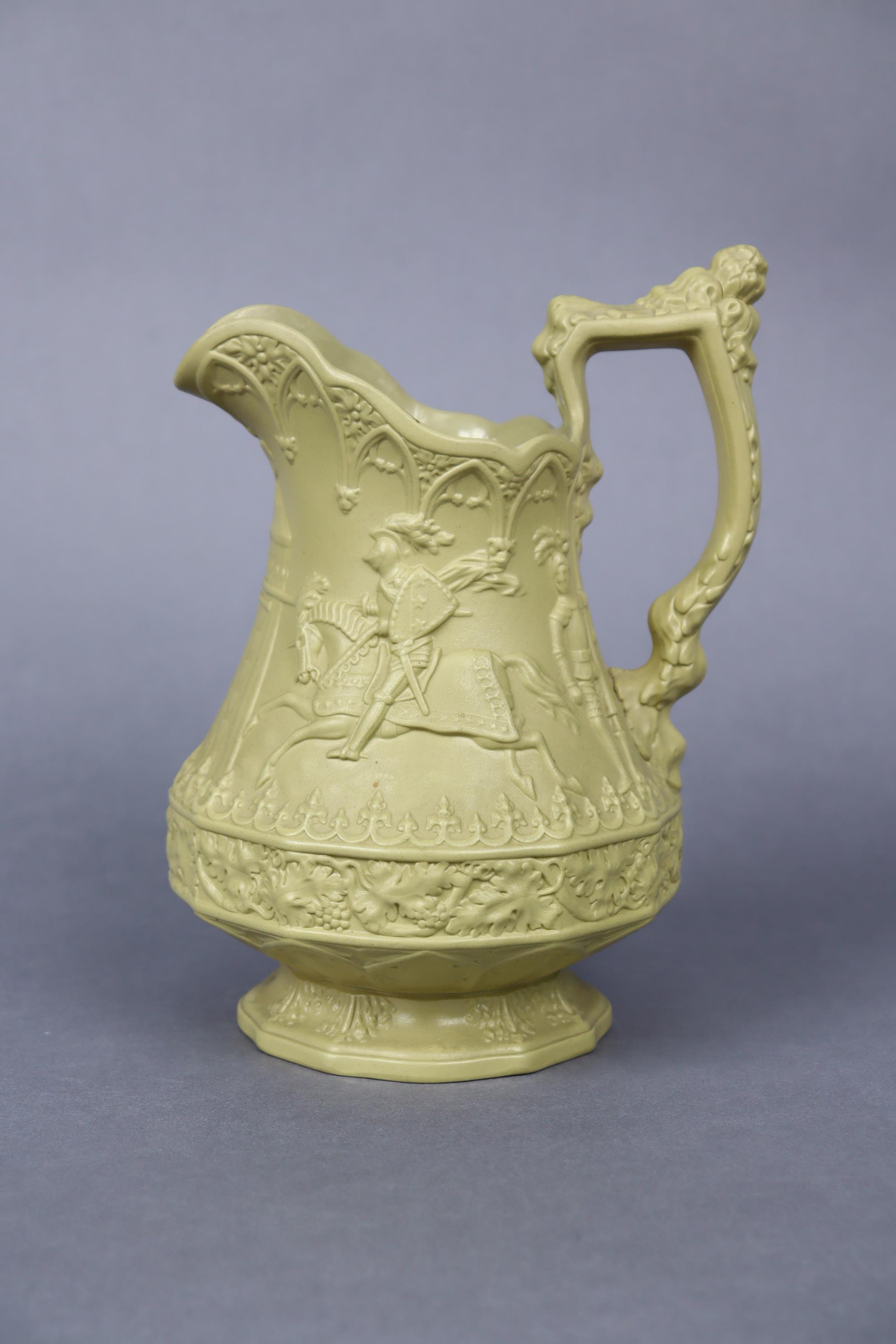 A William Ridgeway, Son, & Co. relief-moulded stoneware jug depicting knights jousting, 8¾” high, - Bild 2 aus 3