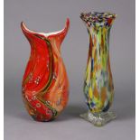 A Murano glass ovoid vase with millefiori design, 113¾”; & another tall baluster vase with