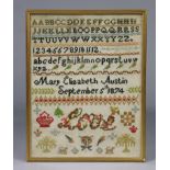 A Victorian needlework sampler, worked by “Mary Elizabeth Austin, September 5th 1874”, with