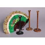 Three 19th century turned wooden monaural stethoscopes, the longest 7”; & a pheasant-feather &