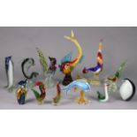 Twelve various Murano glass animal ornaments including fish, dolphins, roosters, etc., the larges