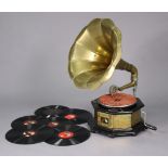 A vintage HMV table-top gramophone in ebonised wooden case with brass fittings & with