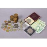 Two commemorative crowns, three £1 notes (D.H.F. Somerset), various GB & foreign coins, etc.