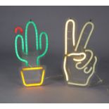 Two vintage hanging led signs – a cactus, & a victory hand, each approx. 16” x 9” (in need of re-