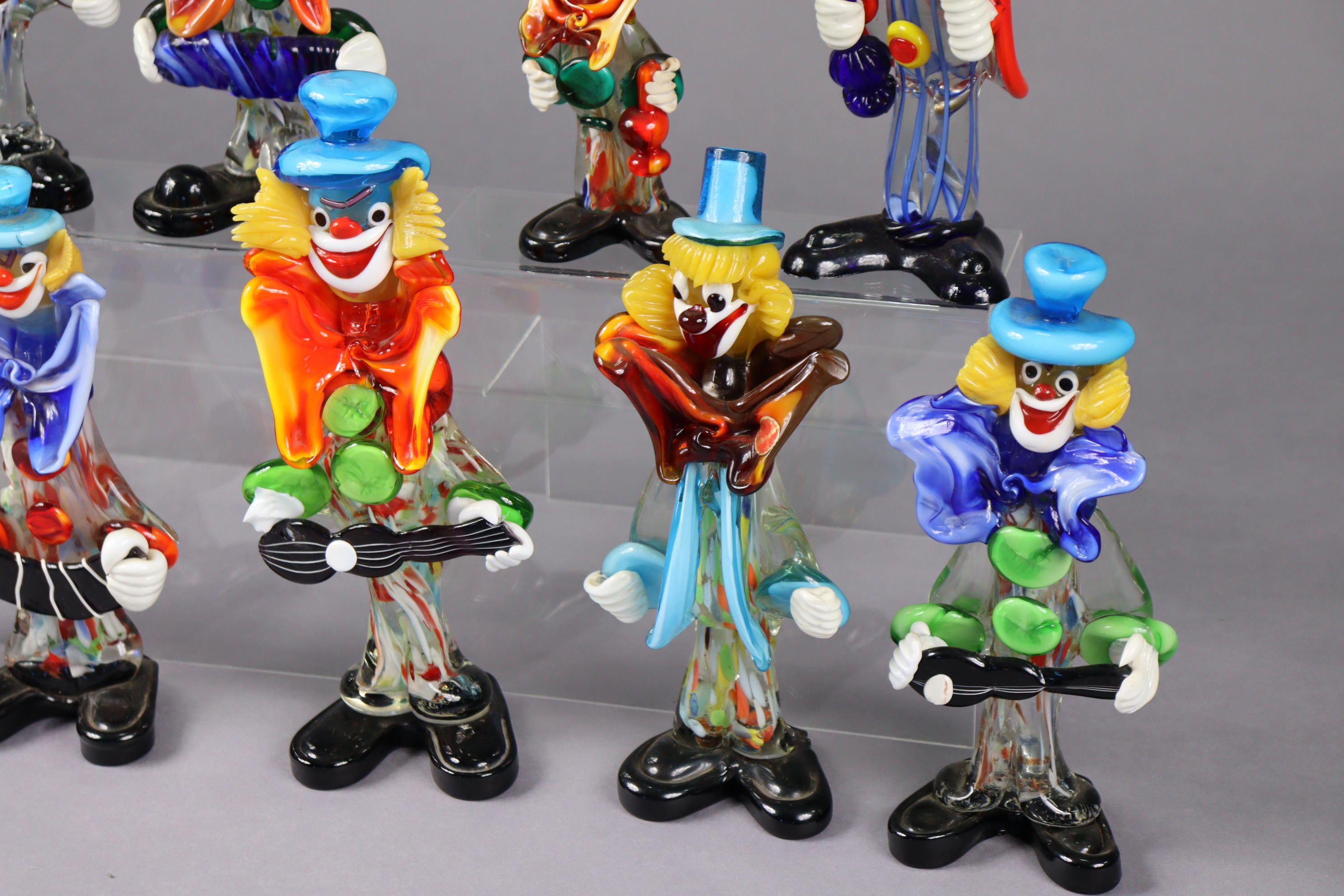 Nine various Murano glass clown ornaments, the largest 11¾” high. - Image 2 of 6