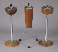 Three vintage wooden & silvered-metal floor-standing ashtrays.