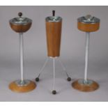 Three vintage wooden & silvered-metal floor-standing ashtrays.