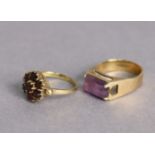 A 9ct gold ring set cushion-cut amethyst; & another 9ct gold ring set cluster of small garnets. (