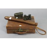 A hardwood truncheon, 17” long; together with a pair of opera glasses with case; & a tan leather