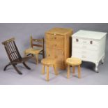 A white painted wooden small chest fitted four long drawers & on short cabriole legs & ceramic