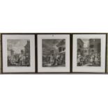 Three black & white etchings after Hogarth titled “Evening”, “Noon”, & “Morning”, 19¾” x 16½”, in