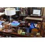 A singer hand sewing machine with case; together with a black painted wooden tool chest with