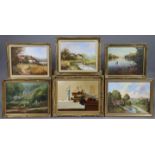 Seven modern oil paintings, each in a gilt frame.