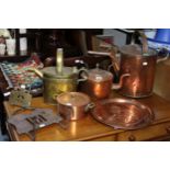 A copper circular kettle; a brass oval watering can; & various other items of metalware.