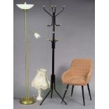 A black-finish metal hat & coat stand, 71” high; a similar occasional chair; a standard uplighter; &